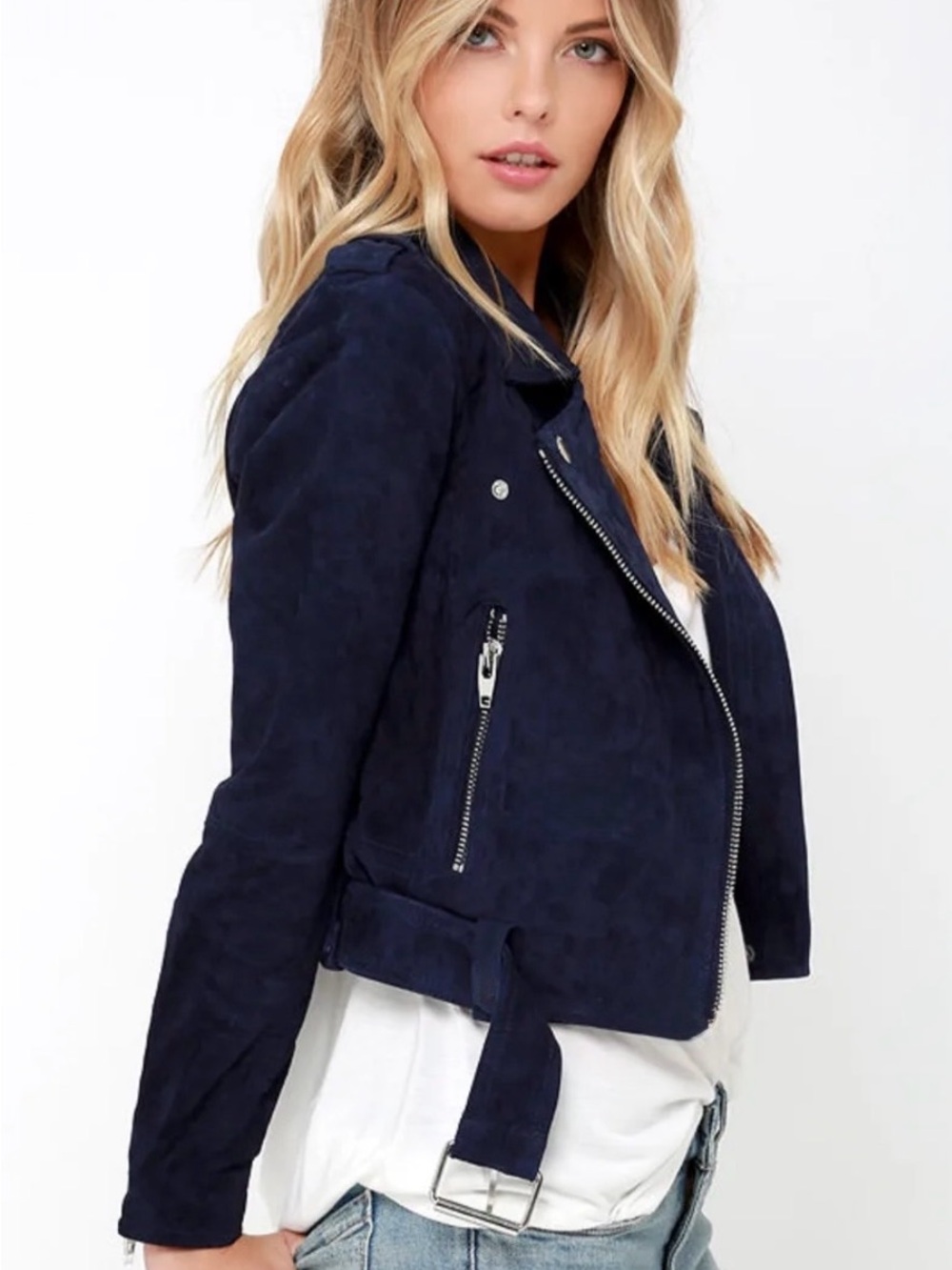 🏍️ Navy Faux Suede Moto Jacket Laundry By Shelli Segal